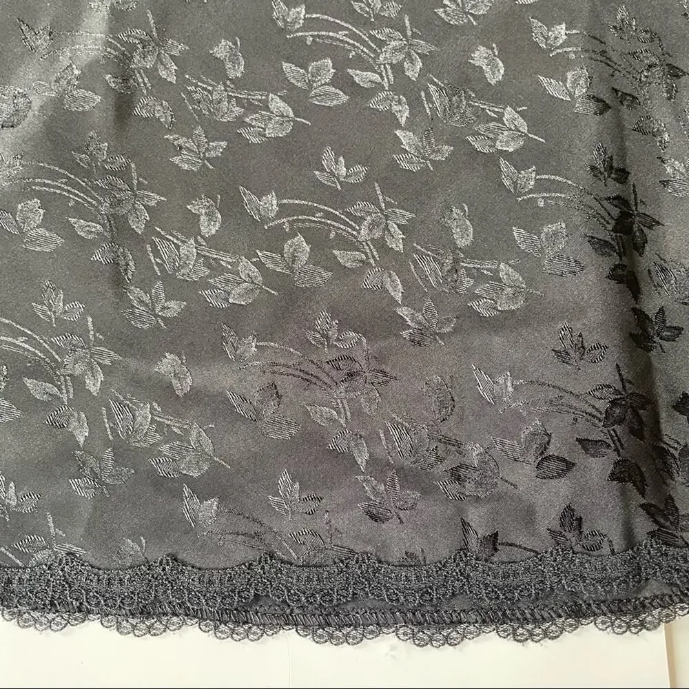 Vintage 1970s Barbizon Slip Dress Midi Lace Trim Floral Vines Black L EUC - Picture 4 of 13